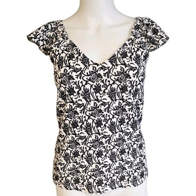 LOFT Women s Top Shirt Ruffled Sleeve Black White Floral Size XS