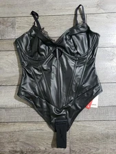 Popilush Faux Leather Bodysuit Lace Corset Top Tummy Control Thong Shaper Sz XL