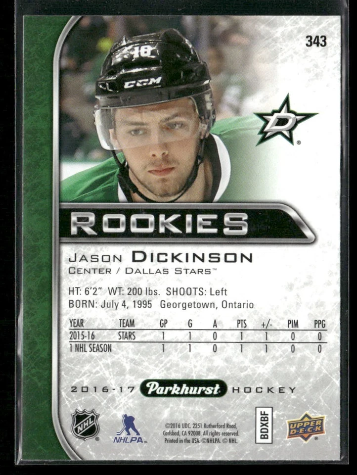 2016-17 Upper Deck Parkhurst - Jason Dickinson #343 (RC) - Image 2 of 2