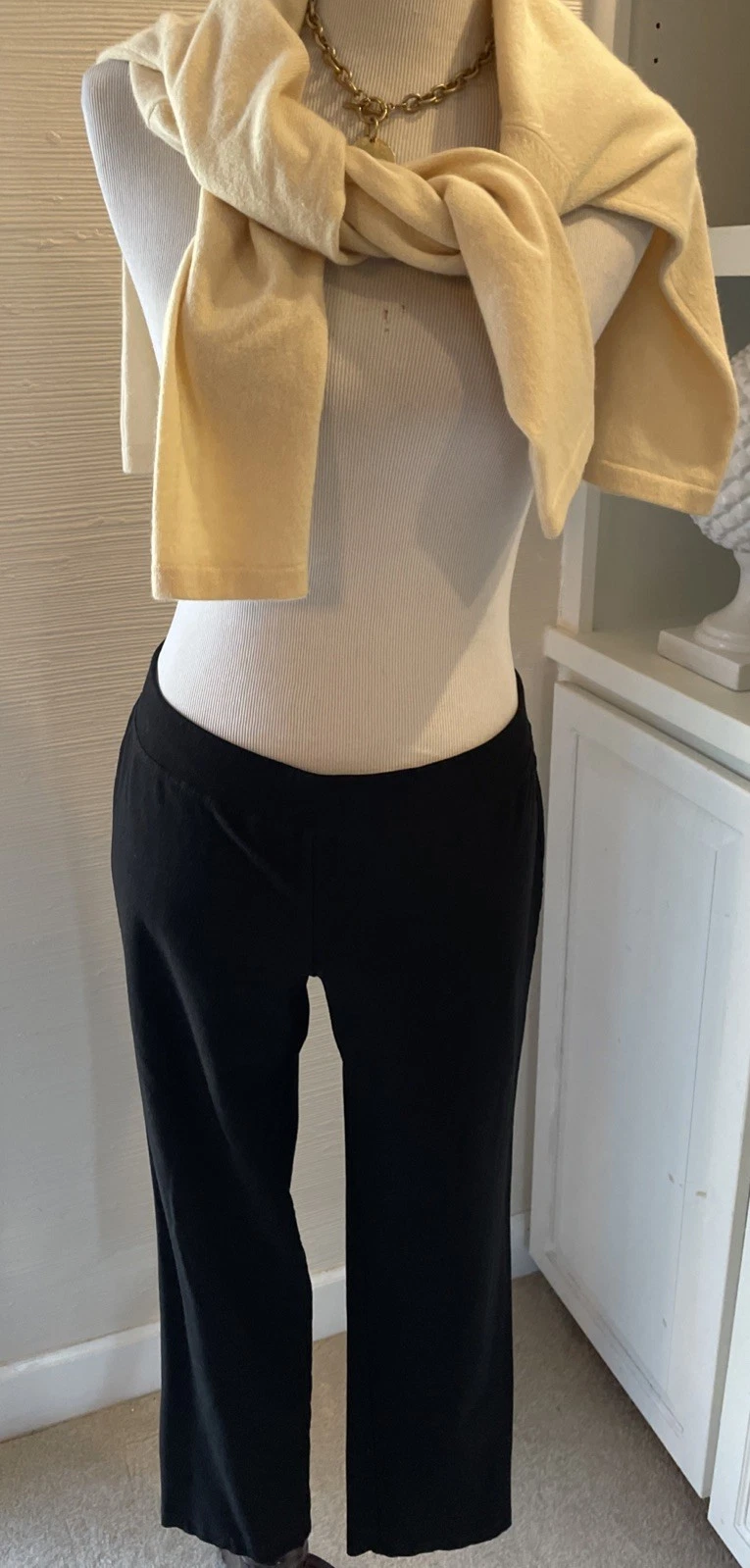 EILEEN FISHER Washable Stretch Crepe Straight Leg Pants Black Size LG