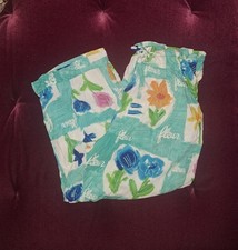Vtg 90s Jam's World Lounge Beach Crop Pants Medium Aqua Floral Fleur Dreamsicle