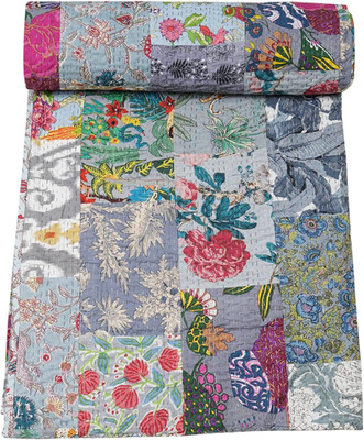 Indian Traditional Pure Cotton Patchwork Quilt, Paisley Print Kantha Quilt Multi
