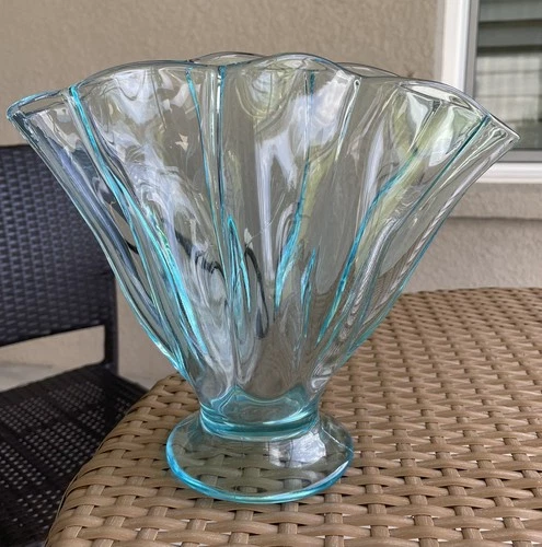 Vintage Fenton Aquamarine Large 8 Inch Melon Vase. Scarce. No Damage.