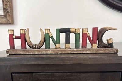 Rustic HUNTING Word Art Decor Sign Shotgun Shells Antlers Country Cabin 12'' EXC
