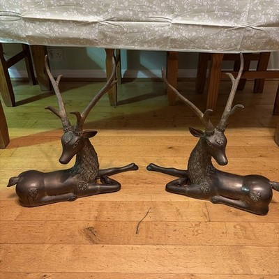 Vintage Sarreid MCM Regency Messing großes ruhendes Paar Hirsch Skulpturen Figuren