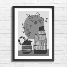 Boho Style Art Vases with Leaves Black & White Framed Wall Art Print Large