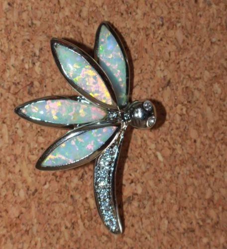 Laboratorio Incrustaciones Ópalo de Fuego Cz Collar Colgante Gemas Placa de Plata Joyería Libélula Foto 2 de 4