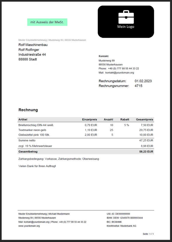 Rechnungsprogramm PDF Rechnung erstellen auch §19 Kleinunternehmer - kein Excel - Bild 2 von 4