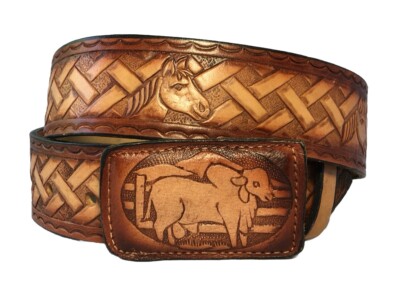 Men's Western Belt Horse Bull print Leather Cinto Vaquero Grabado caballo sz 36