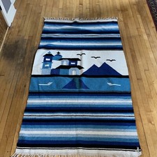 Vintage Mexican Blanket Saltillo Serape Rug Blue  White 79  x 47  Large