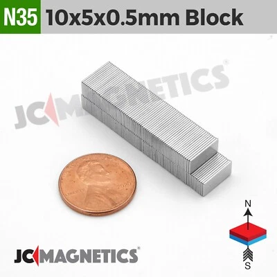 10mm x 5mm x 0.5mm N35 Small Strong Rare Earth Neodymium Thin Magnet Blocks  - Image 1 of 2