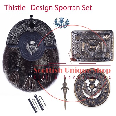 Scottish Thistle Design KILT Seal Skin SPORRAN With KILT Antique Accessories