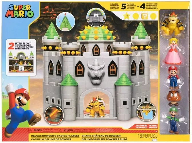 SUPER MARIO Nintendo Super Mario Deluxe Bowser Battle Playset with Lights  and Sounds, 2.5 Inch Bowser Action Figure Included