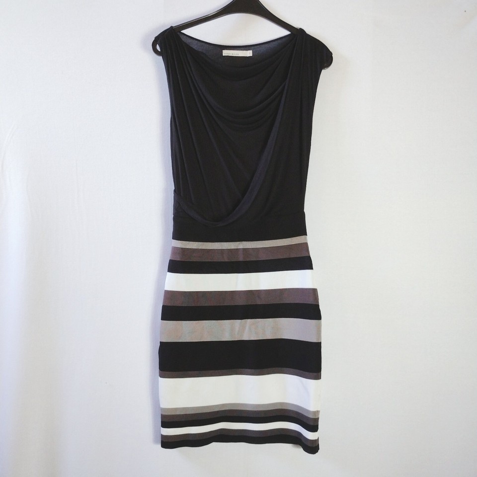Karen Millen Womens Size 2 AU 6 Black Striped Bodycon Draped Dress Sleeveless