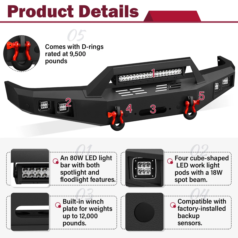 Front Bumper for 1999-2004 Land Rover Discovery 2 Off-Road W/ LED Light & D-ring Foto 4 de 4