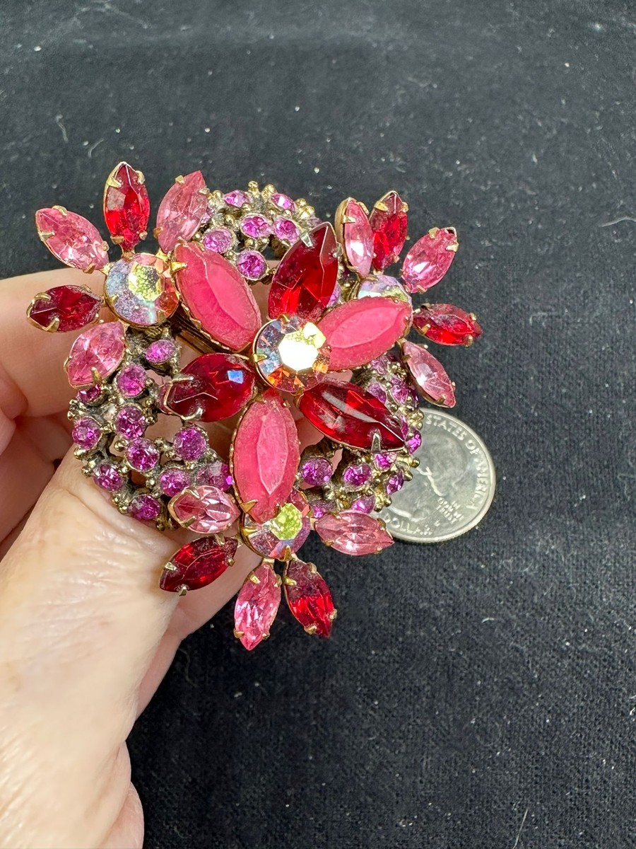 Flower Red Pink & Aurora Rhinestone Vintage Gold Brooch Pin M-6759