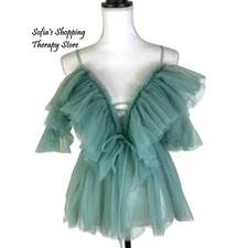 Simplee Sz LARGE Off Shoulder Deep V Neck GREEN Peplum Top Lace Up Ruffle Blouse