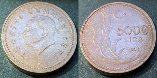 Turkey 1994 5000 Lira Tulip flowers KM-1025 Nickel brass XF+ #109 - US Seller - Picture 2 of 2