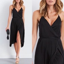 Enza Costa Satin Midi Slip Wrap Dress Size 1/Small Spaghetti Straps Black V Neck