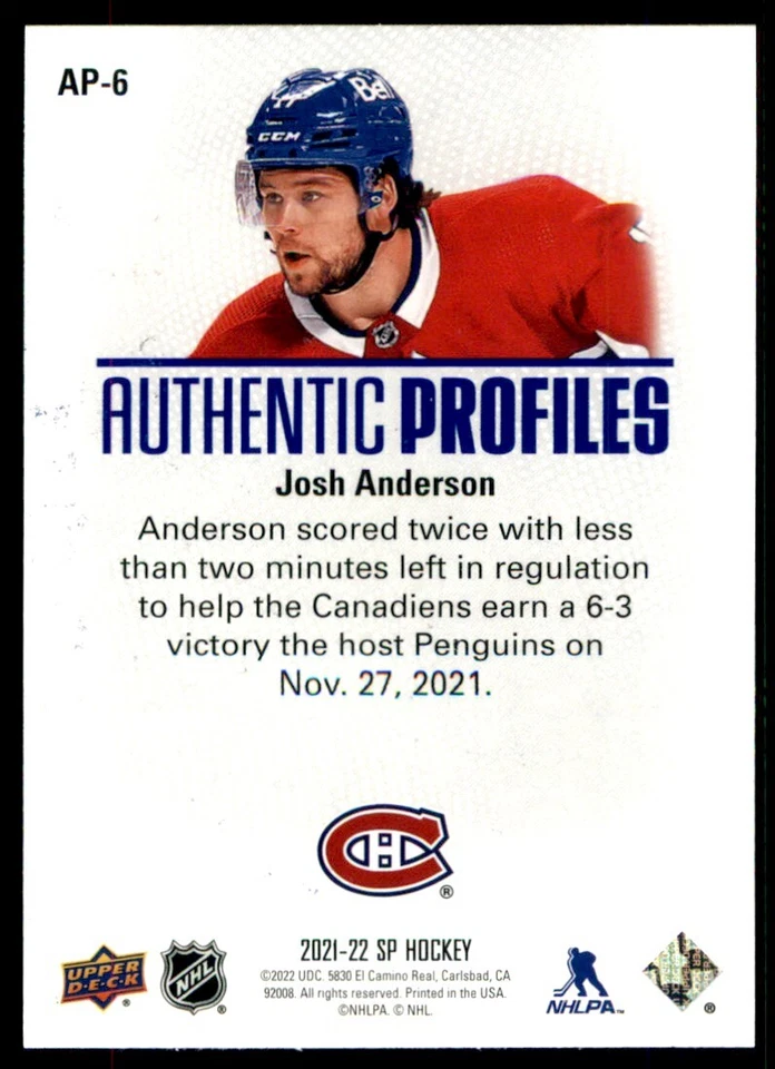 2021-22 SP Hockey Authentic Profiles Blue Josh Anderson #AP-6 - Image 2 of 2