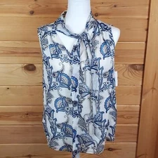 Tommy Hilfiger Sheer Sleeveless Blue Paisley Blouse Size Large