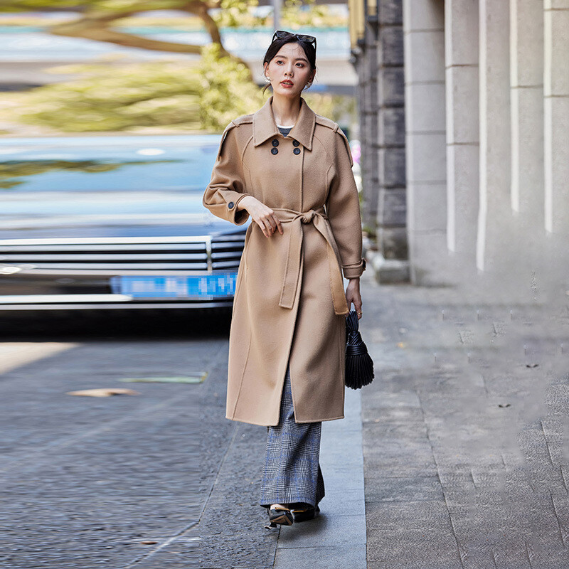 Korean Style 100% Wool Double Sided Womens Long Trench Coat