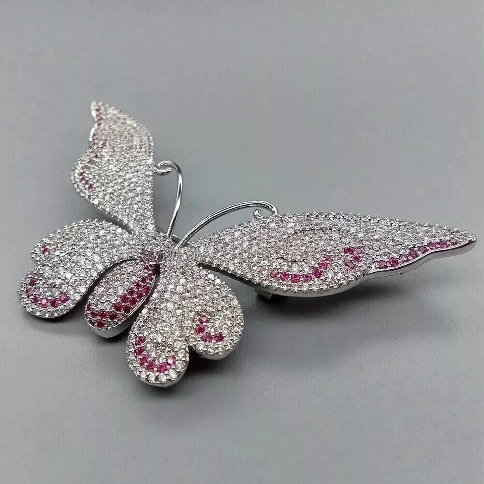 Impresionante Broche Mariposa Pin 3.25 Ct Redondo Rubí Simulado Chapado en Oro Blanco 14k Foto 2 de 4