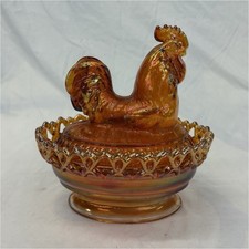 Vintage Imperial Glass Large Carnival Marigold Rubigold Cockerel on Nest 