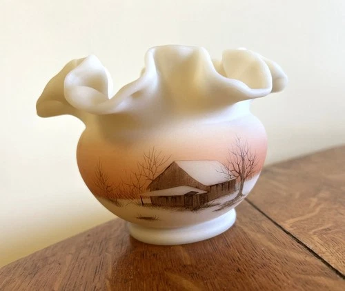 Fenton Hand Painted Custard Glass Ruffled Vase - Barn Scene