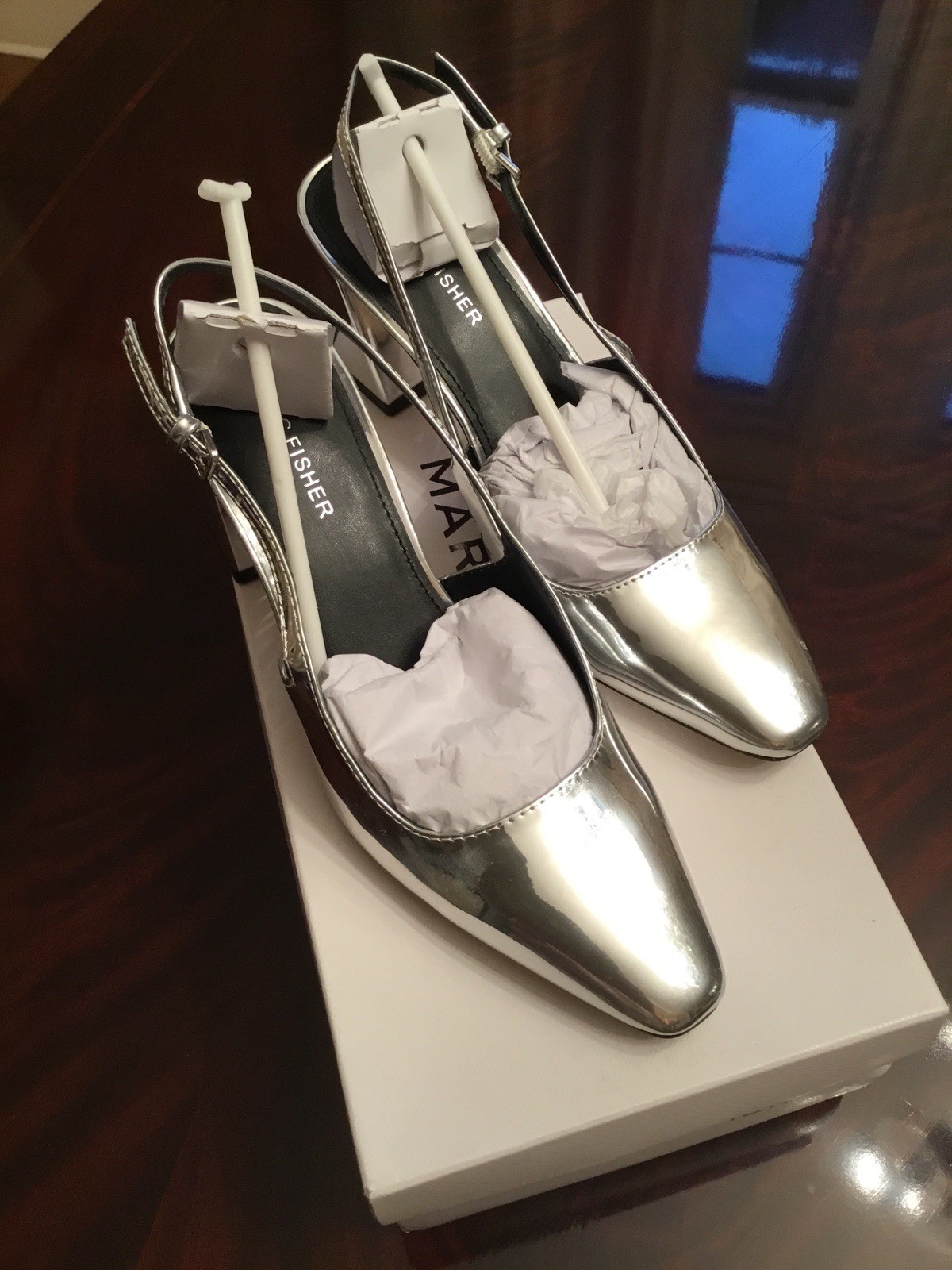 Marc Fisher Block Heel Sling Ack Shoes 7.5 Mirror Silver
