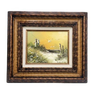 J Fenton Framed Oil Painting Children Flowers & Seagulls on Beach Signed