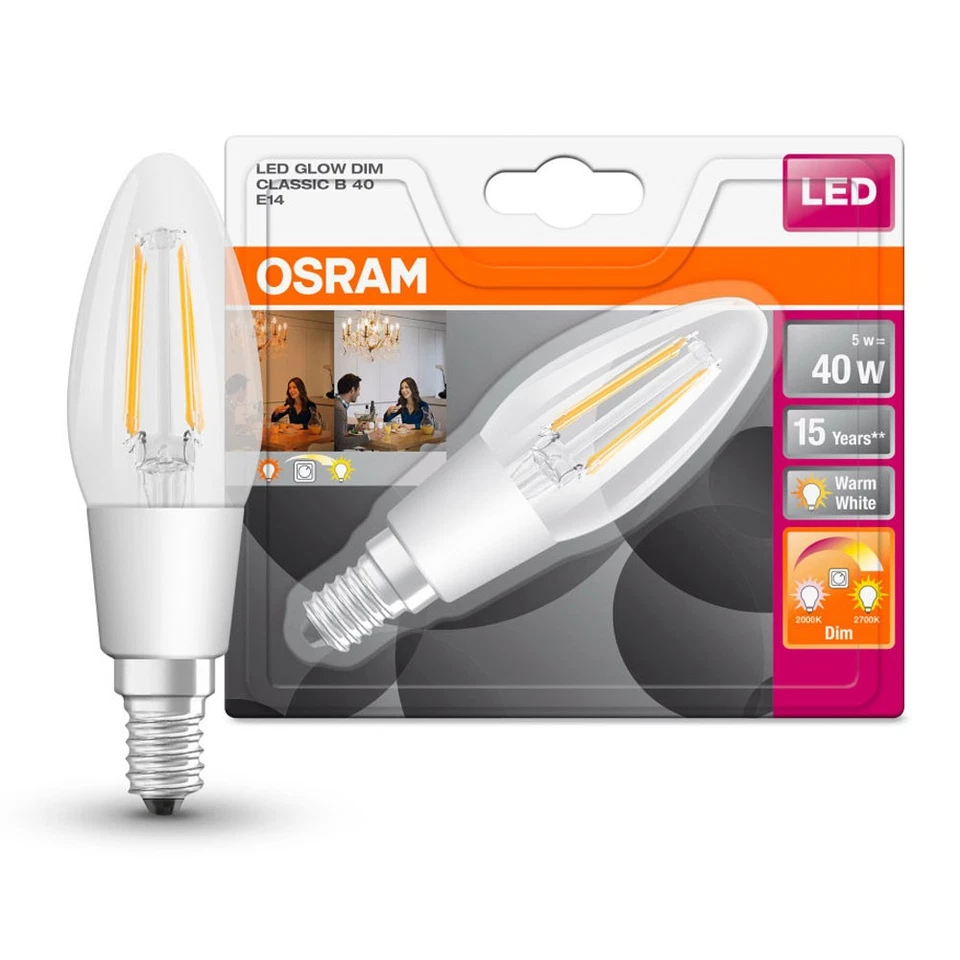 6 x Osram LED Filament Kerze 5W = 40W E14 klar warm Glowdim 2200K-2700K DIMMBAR - Bild 3 von 4