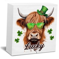 St. Patrick's Day Decorations, Cow with Green Haty Shamrocks Wooden Block Luck