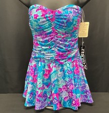 Vintage NOS GaBar Floral Swim Suit Skirt 60 s Union Label Blue Pink Modest Retro