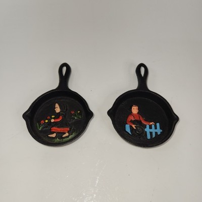 2 VTG JOHN WRIGHT CAST IRON MINI SKILLETS AMISH Boy and Girl EUC 
