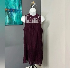 Women's Burgundy Dress SMALL Sheer Overlay Y2K Whimsigoth Coquette High Neck