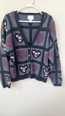 VTG Christopher & Banks Hand Embroidered Cardigan Sweater Hearts Silver Buttons