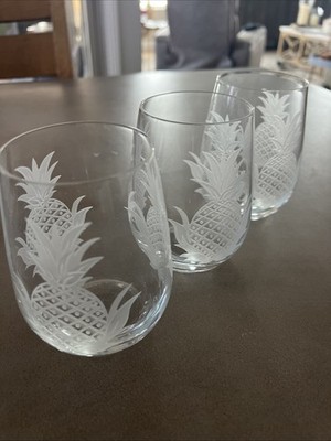Set of 3 Stemless Wine Glasses W/Etched Pineapples Clear Glass Wine Glasses