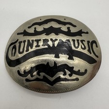 Vintage Belt Buckle Country Music Black Silver Tone Western Spell Out