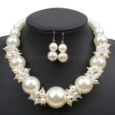 White South Sea Shell Pearl Round Beads Cluster Necklace Earrings Set 8-20mm