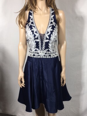 Women's NWT Blondie Nites Navy Satin Embroidered Bodice Beaded Mesh Halter  Dress | eBay