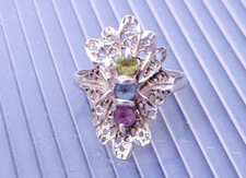 Vintage Sterling Silver Filigree Three Stone band Ring size 5