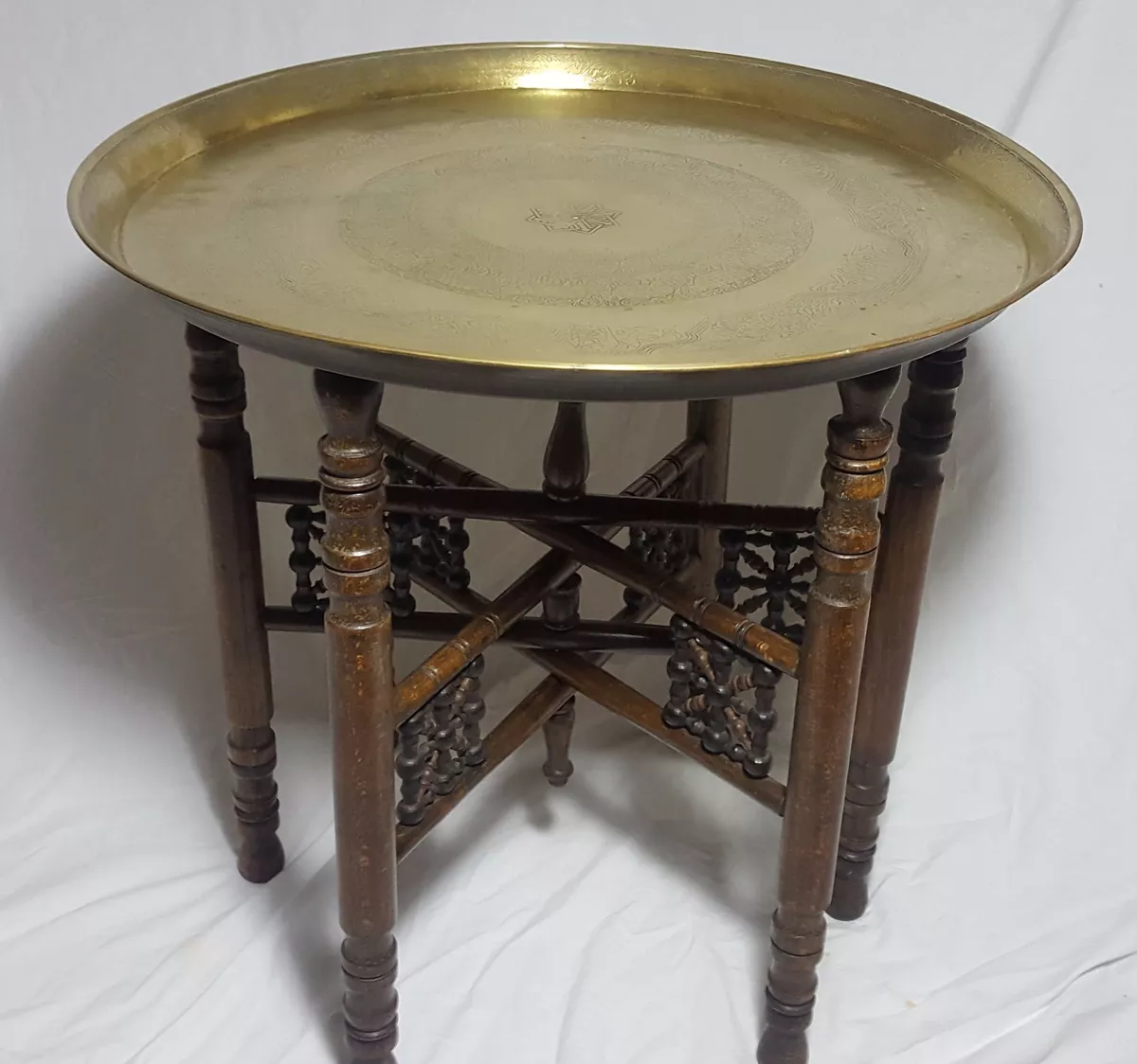 Beautiful Vintage Middle Eastern Brass Table with Wooden Stand Diameter 57 cm