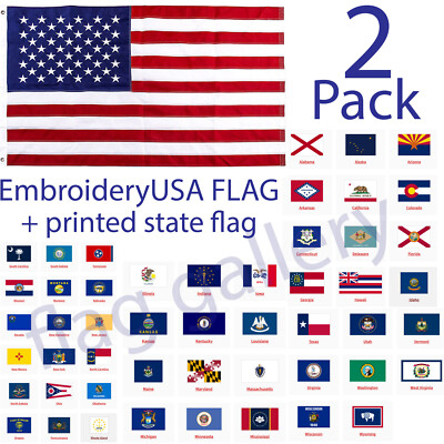 US American Flag 3x5 Made in Luxury Embroidered United States Flag + State Flag