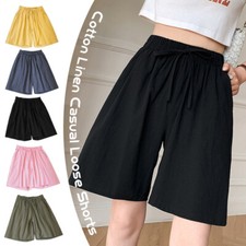 Women Wide Leg Shorts Elastic High Waist Casual Cotton linen Loose Half Pants