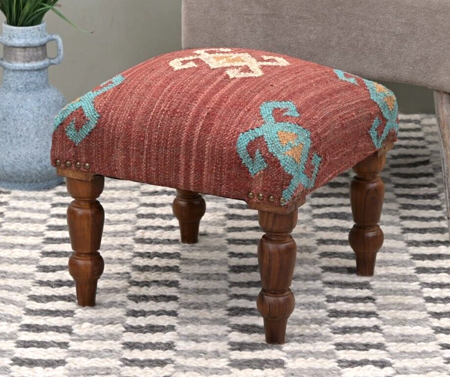 Handcrafted Acacia Wood Stool | Decorative Kilim Upholstered Pouf Footstool - Image 2 of 4