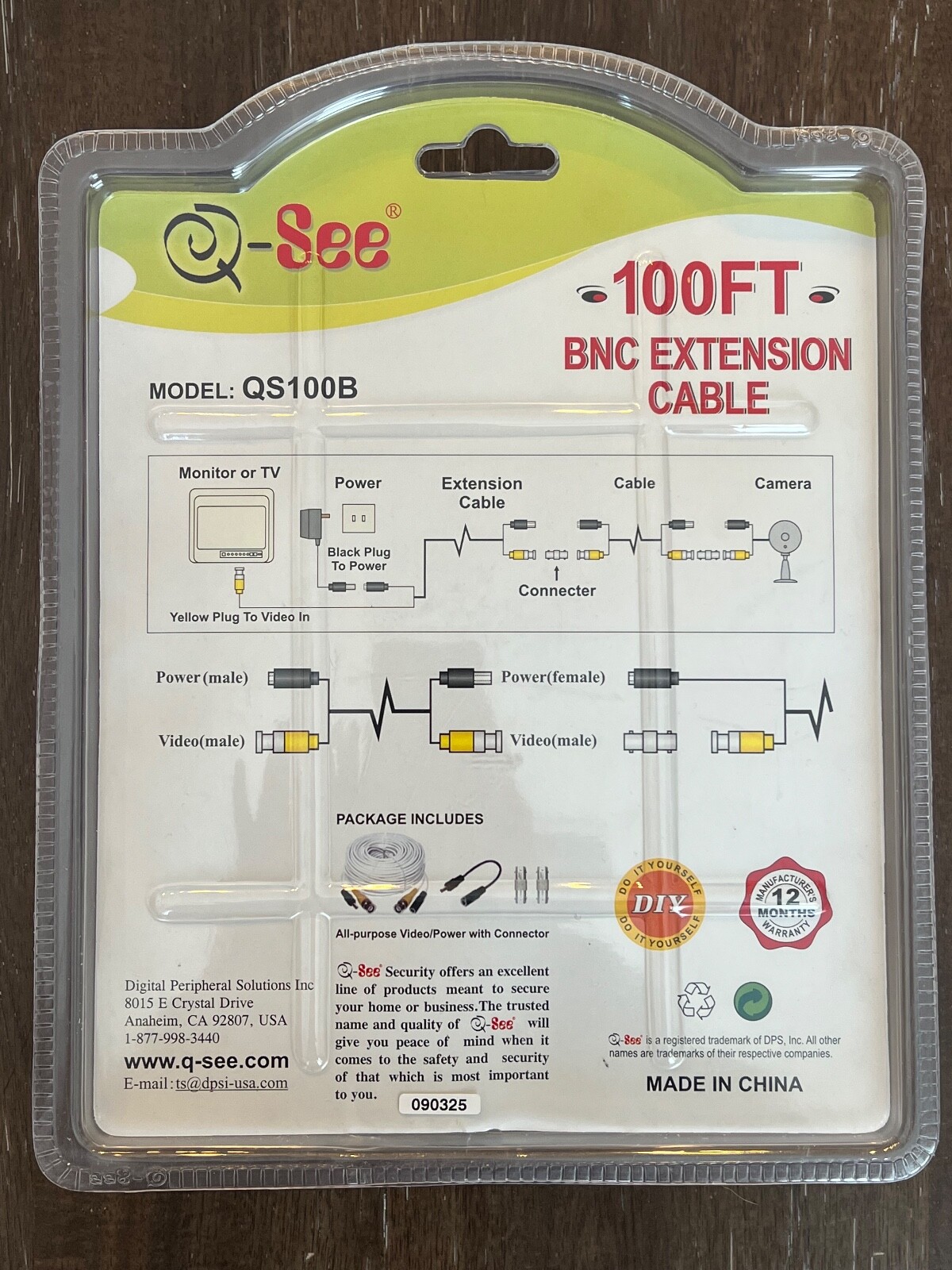 Q-See 100ft BNC Extension Cable Model QS100B - Video Power