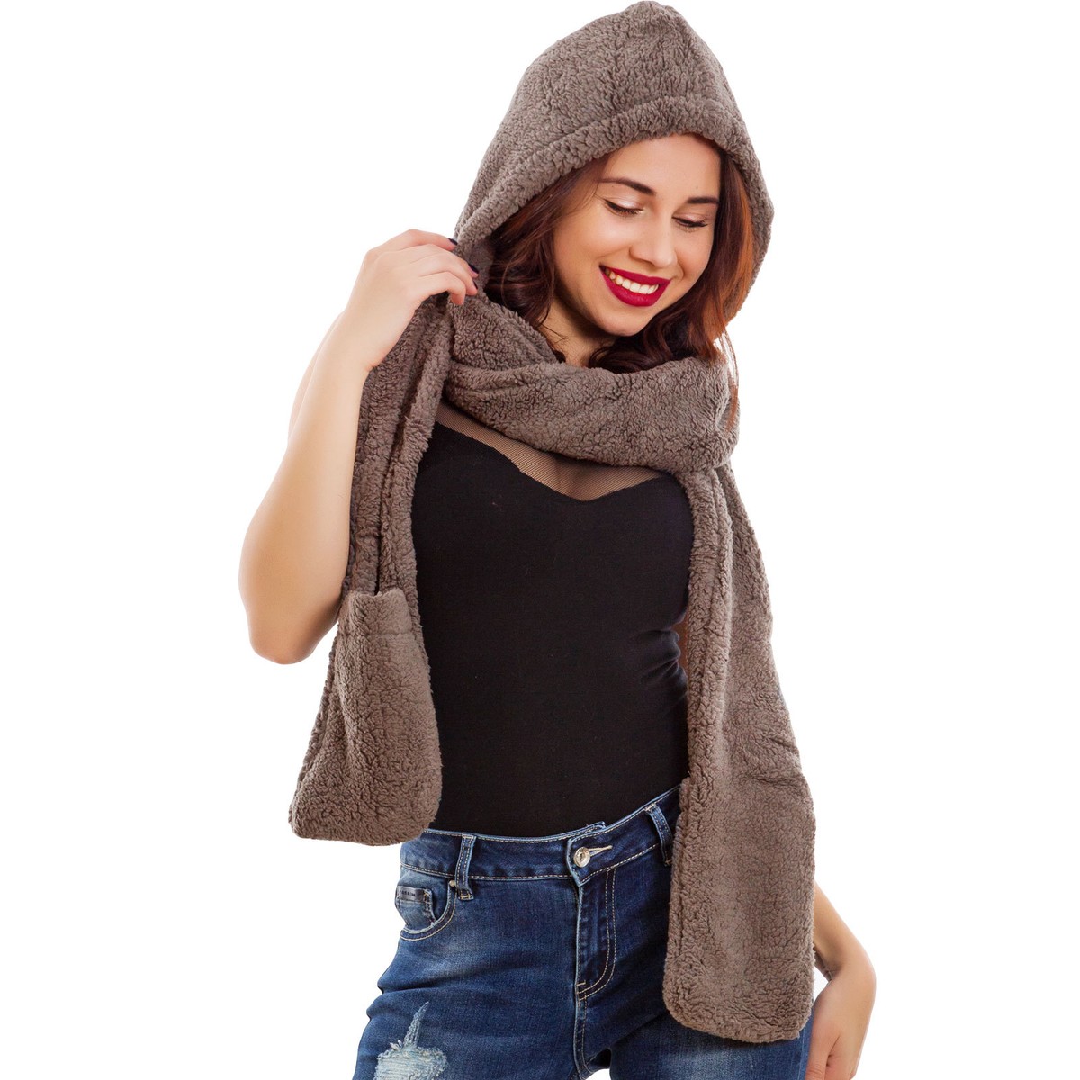 Woman Hat Hood Eco Fur Built-in Gloves Scarf New XXWJ-806 | eBay