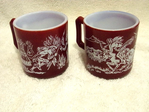 2 Different Vintage Hazel Atlas Native American Indian Childs Burgundy Mug Cups