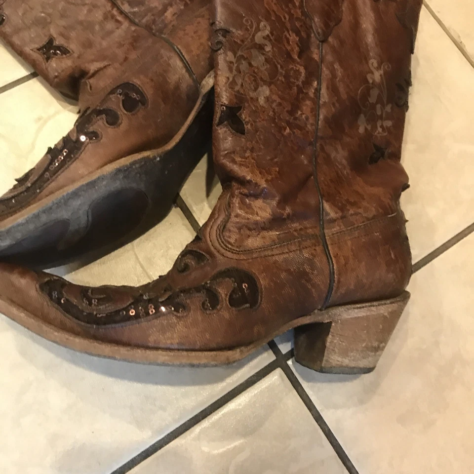 Botas Vaqueras Corral Envejecidas C2668 Cuero Marrón Incrustación Lentejuelas Mujer 9.5 M Foto 3 de 4